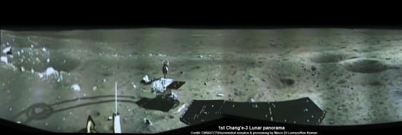 Portion of 1st panorama around Chang’e-3 landing site showing China’s Yutu rover leaving tracks in the lunar soil as it drives across the Moon’s surface on Dec. 15, 2013. Images taken by Chang’e-3 lander  following Dec. 14 touchdown. Panoramic view was created from screen shots of a news video assembled into a mosaic. Credit: CNSA/CCTV/screenshot mosaics & processing by Marco Di Lorenzo/Ken Kremer