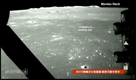 This screen shot from one photo of many of the moons surface snapped by the on-board descent imaging camera of the Chinese lunar probe Chang’e-3 on Dec. 14, 2013 shows the probe approaching the Montes Recti mountain ridge and approximate location of the landing site. This marks the first time that China has sent a spacecraft to soft land on the surface of an extraterrestrial body. Credit: Xinhua/CCTV/post processing and annotations Marco Di Lorenzo /Ken Kremer.  See the entire stunning Chang’e-3 lunar landing video – below