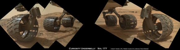 Photomosaic from Sol 177 (Feb. 3, 2013) shows rover Curiosity’s six wheels relatively intact with far fewer holes and dents compared to Sol 490 mosaic taken on Dec 22. 2013.  Rover is working in Yellowknife Bay here and had not yet begun long trek to Mount Sharp. Sol 177 raw images assembled to mosaic were taken by the MAHLI camera on Curiosity’s arm.  Credit: NASA/JPL/MSSS/Marco Di Lorenzo/Ken Kremer- kenkremer.com   