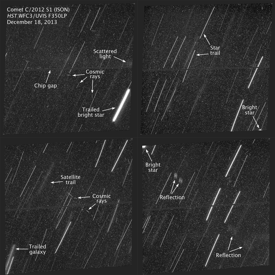 Each of the four panels is a combination of two separate exposures made by the Hubble Space Telescope as it tracked Comet ISON's position. Had the comet been in any of these frames, it would have appeared as a small fuzzy glow or stellar point(s) in the center. The stars are trailed because the camera tracked the comet. Credit: NASA/ESA