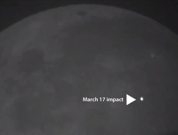 Bright impact flash made by a foot-wide rock that struck the moon on March 17, 2013. The moon was a crescent in the evening sky at the time. The impact occurred in the dark, earthlit part of the moon away from the sun-lit crescent. Click photo to see video about the event. Credit: NASA
