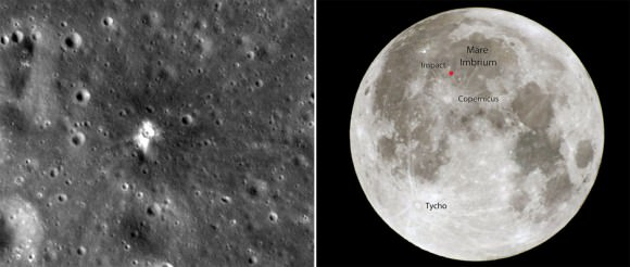 Left: Fresh material brought to the surface makes the new 59-foot-wide crater look like it was spray painted white. Credit: NASA/GSFC/Arizona State University. Right: The meteoroid strike occurred near the prominent crater Copernicus in Mare Imbrium. Credit: Bob King