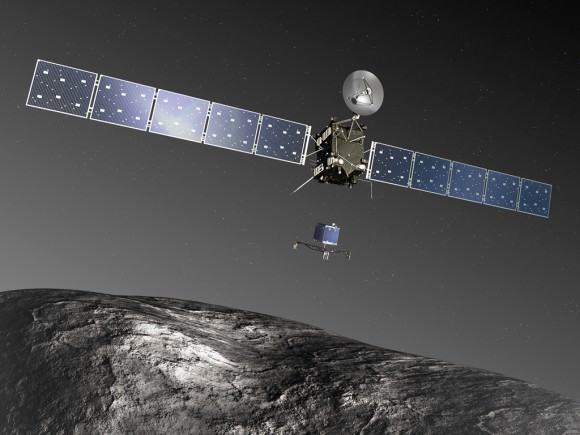 Artist's impression of the Rosetta spacecraft releasing its lander, Philae, above the surface of Comet 67P/Churyumov–Gerasimenko in November 2014. Credit: ESA–C. Carreau/ATG medialab