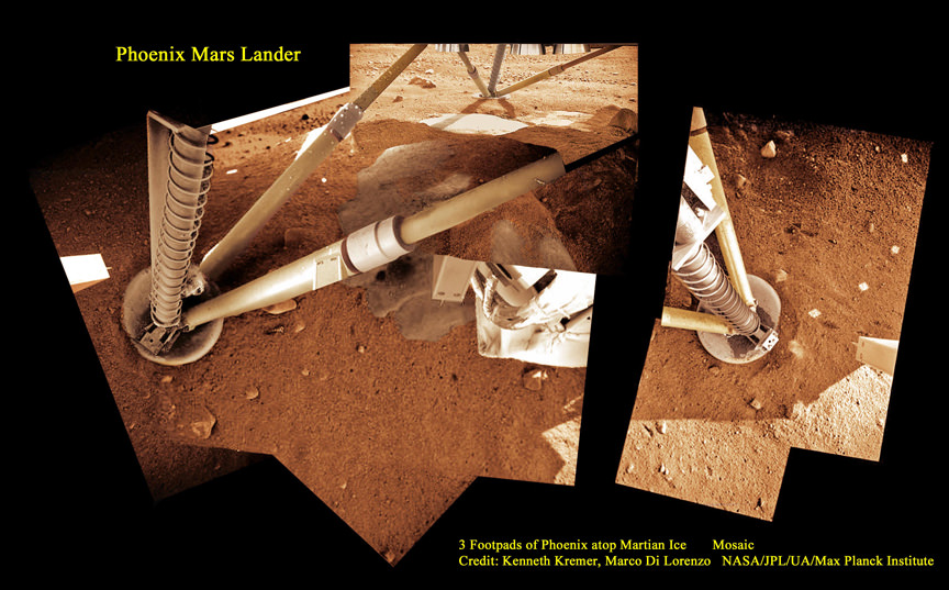 3 Footpads of Phoenix Mars Lander atop Martian Ice.  NASA’s Mars InSight spacecraft design is based on the successful 2008 Phoenix lander. This mosaic shows Phoenix touchdown atop Martian ice.  Phoenix thrusters blasted away Martian soil and exposed water ice.  InSight carries instruments to peer deep into the Red Planet and investigate the nature and size of the mysterious Martian core.  Credit: Ken Kremer/kenkremer.com/Marco Di Lorenzo/NASA/JPL/UA/Max Planck Institute