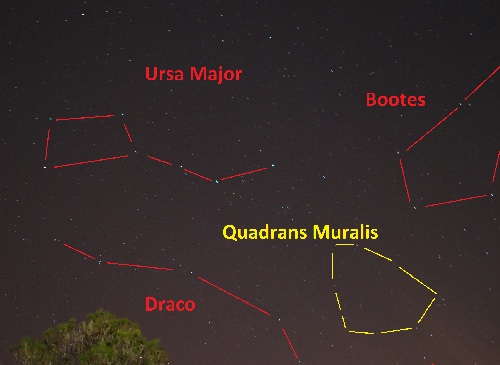 The outline of the Mural Quadrant against the backdrop of modern day constellations. (Photo and graphic by author). 