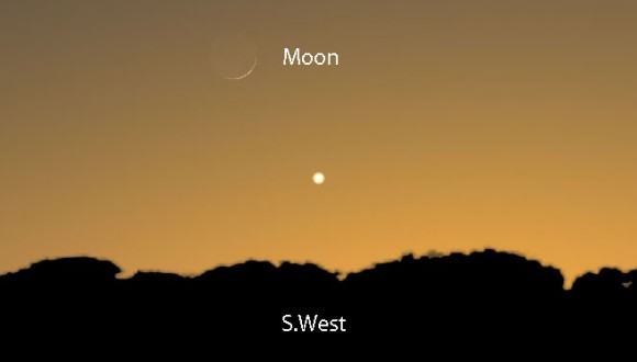 Before Venus departs the evening sky watch for it to pair up with a very thin crescent moon shortly after sunset on Jan. 2, 2014.  Stellarium