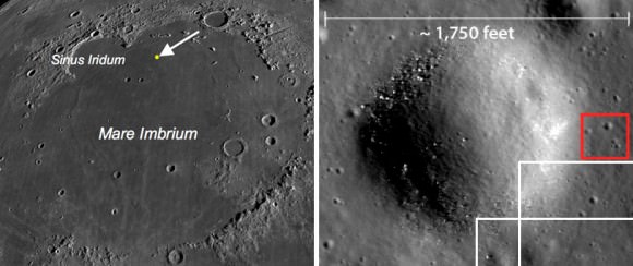 Left: The lander's new location in northern Mare Imbrium. Right: LRO scientists have so far nailed down the lander's  position somewhere inside the red box on the rim of a small crater with exposed rocky outcrops. Picture is about 1,750 feet side to side. Credit: NASA