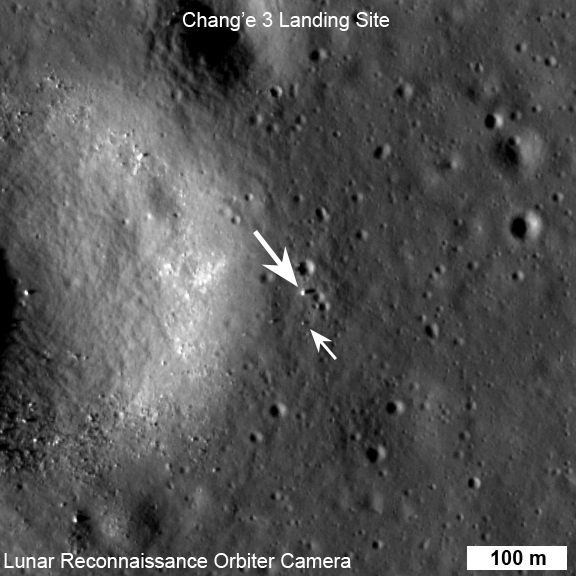 Image of Chang'e-3 (top arrow) and Yutu rover captured by NASA's Lunar Reconnaissance Orbiter on Dec. 25 UTC
