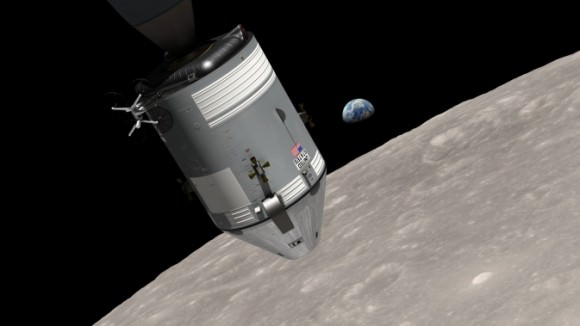 A computer-generated visualization of the Apollo 8 spacecraft in orbit around the moon, with Earth rising over the horizon. Image Credit:  Ernie Wright/NASA Goddard Scientific Visualization Studio