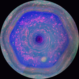 An animation of Cassini Saturn images showing a hexagonal jet stream surrounding a storm at the north pole. Credit: NASA/JPL-Caltech/SSI/Hampton University