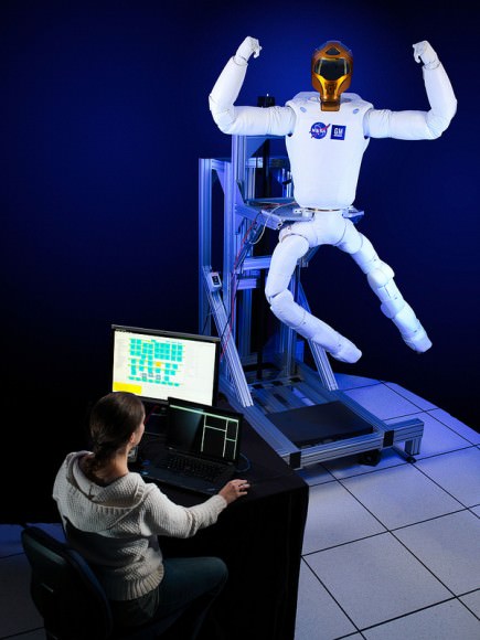 NASA's Robonaut 2 with "climbing legs" intended to let the robot rove around in the microgravity environment aboard the International Space Station. This version is being tested on the ground for eventual use in space. Credit: NASA