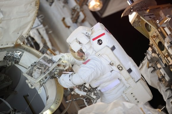 NASA astronaut Douglas Wheelock during a contingency spacewalk Nov. 16, 2010 after an ammonia cooling pump failed aboard the International Space Station. During this spacewalk, Wheelock and fellow Expedition 24 crew member Tracy Caldwell installed a spare ammonia pump module on the S1 Truss on the space station. The duo did three contingency spacewalks during the mission to address the problem. Credit: NASA
