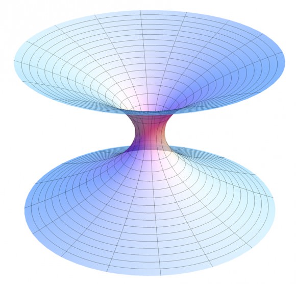 Diagram of a wormhole, or theoretical shortcut path between two locations in the universe. Credit: Wikipedia