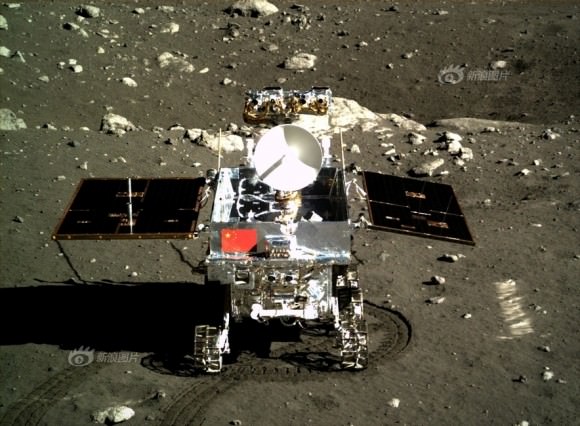 Portrait photo of Yutu moon rover taken by camera on the Chang'e-3 moon lander on Dec. 15, 2013 shortly after rolling all 6 wheels onto lunar surface.  Credit: Chinese Academy of Sciences
