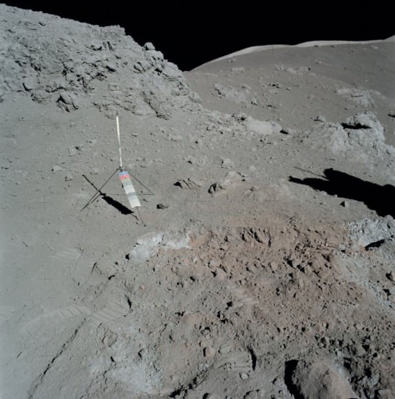 The orange soil found by Apollo 17 astronauts really stands out against a uniform gray moonscape. Credit: NASA
