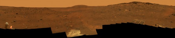 'Calypso' Panorama of Spirit's View from 'Troy'. This full-circle view from the panoramic camera (Pancam) on NASA's Mars Exploration Rover Spirit shows the terrain surrounding the location called "Troy," where Spirit became embedded in soft soil during the spring of 2009. The hundreds of images combined into this view were taken beginning on the 1,906th Martian day (or sol) of Spirit's mission on Mars (May 14, 2009) and ending on Sol 1943 (June 20, 2009). Credit: NASA/JPL-Caltech/Cornell University