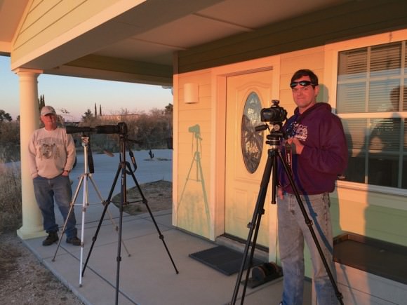 Mike Cadien (left) and Rob Sparks (right) setting up to catch the crescent Moon. Credit- Mike Weasner.