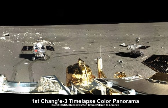 This time-lapse color panorama from China’s Chang’e-3 lander shows the Yutu rover at two different positions during its trek over the Moon’s surface at its landing site from Dec. 15-18, 2013. This view was taken from the 360-degree panorama. Credit: CNSA/Chinanews/Ken Kremer/Marco Di Lorenzo.   See our complete Yutu timelapse pano at NASA APOD Feb. 3, 2014:  http://apod.nasa.gov/apod/ap140203.htm