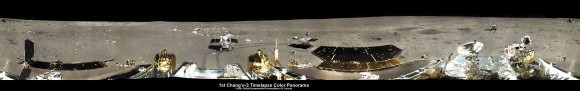 360-degree time-lapse color panorama from China’s Chang’e-3 lander This 360-degree time-lapse color panorama from China’s Chang’e-3 lander shows the Yutu rover at three different positions during its trek over the Moon’s surface at its landing site from Dec. 15-22, 2013 during the 1st Lunar Day. Credit: CNSA/Chinanews/Ken Kremer/Marco Di Lorenzo – kenkremer.com