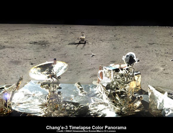 This composite view shows China’s Yutu rover heading south and away forever from the Chang’e-3 landing site about a week after the Dec. 14, 2013 touchdown at Mare Imbrium. This cropped view was taken from the 360-degree panorama. See complete 360 degree landing site panorama below. Chang’e-3 landers extreme ultraviolet (EUV) camera is at right, antenna at left. Credit: CNSA/Chinanews/Ken Kremer/Marco Di Lorenzo – kenkremer.com