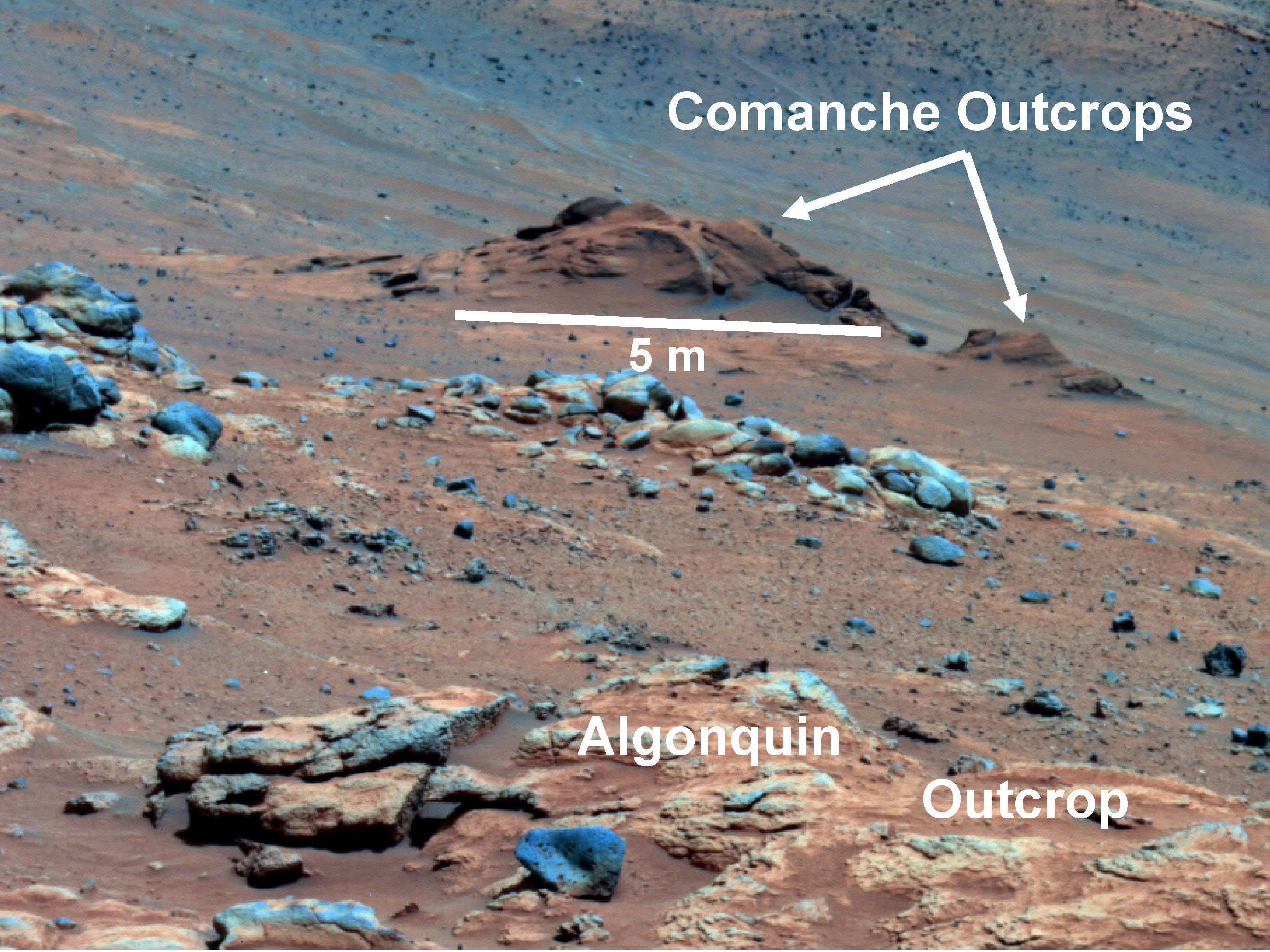 Carbonate-Containing Martian Rocks discovered by Spirit Mars Rover.  Spirit collected data in late 2005 which confirmed that the Comanche outcrop contains magnesium iron carbonate, a mineral indicating the past environment was wet and non-acidic, possibly favorable to life. This view was captured during Sol 689 on Mars (Dec. 11, 2005). The find at Comanche is the first unambiguous evidence from either Spirit or Opportunity for a past Martian environment that may have been more favorable to life than the wet but acidic conditions indicated by the rovers' earlier finds. Credit: NASA/JPL-Caltech/Cornell University