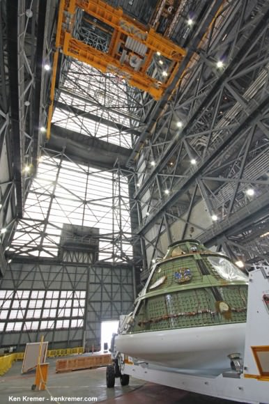 Orion Ground Test Article (GTA) recently displayed on the floor inside the Vehicle Assembly Building (VAB).    Credit: Ken Kremer - kenkremer.com