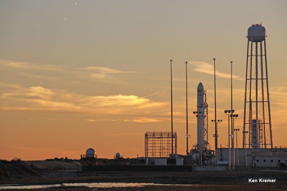 Antares commercial rocket built by Orbital Sciences Corp. glistens at dusk on Jan. 7 amidst bone chilling cold ahead of blastoff scheduled for Jan. 8, 2014 from NASA Wallops Island, Virginia. Credit: Ken Kremer - kenkremer.com
