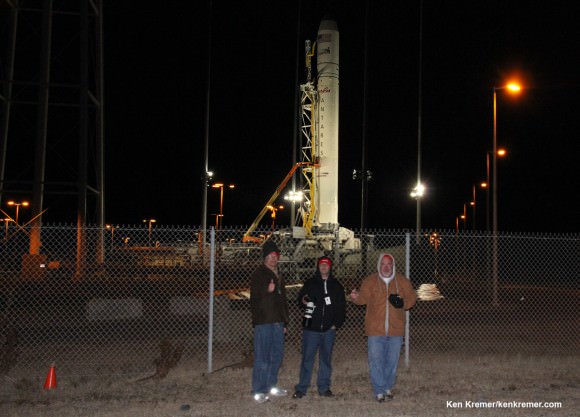 Space journalists Ken Kremer/Universe Today (left) and Mike Killian  and Alan Walters  of AmericaSpace (center, right) setting remote cameras at Antares launch pad amidst bone chilling cold for the photos featured herein.  Credit: Ken Kremer - kenkremer.com