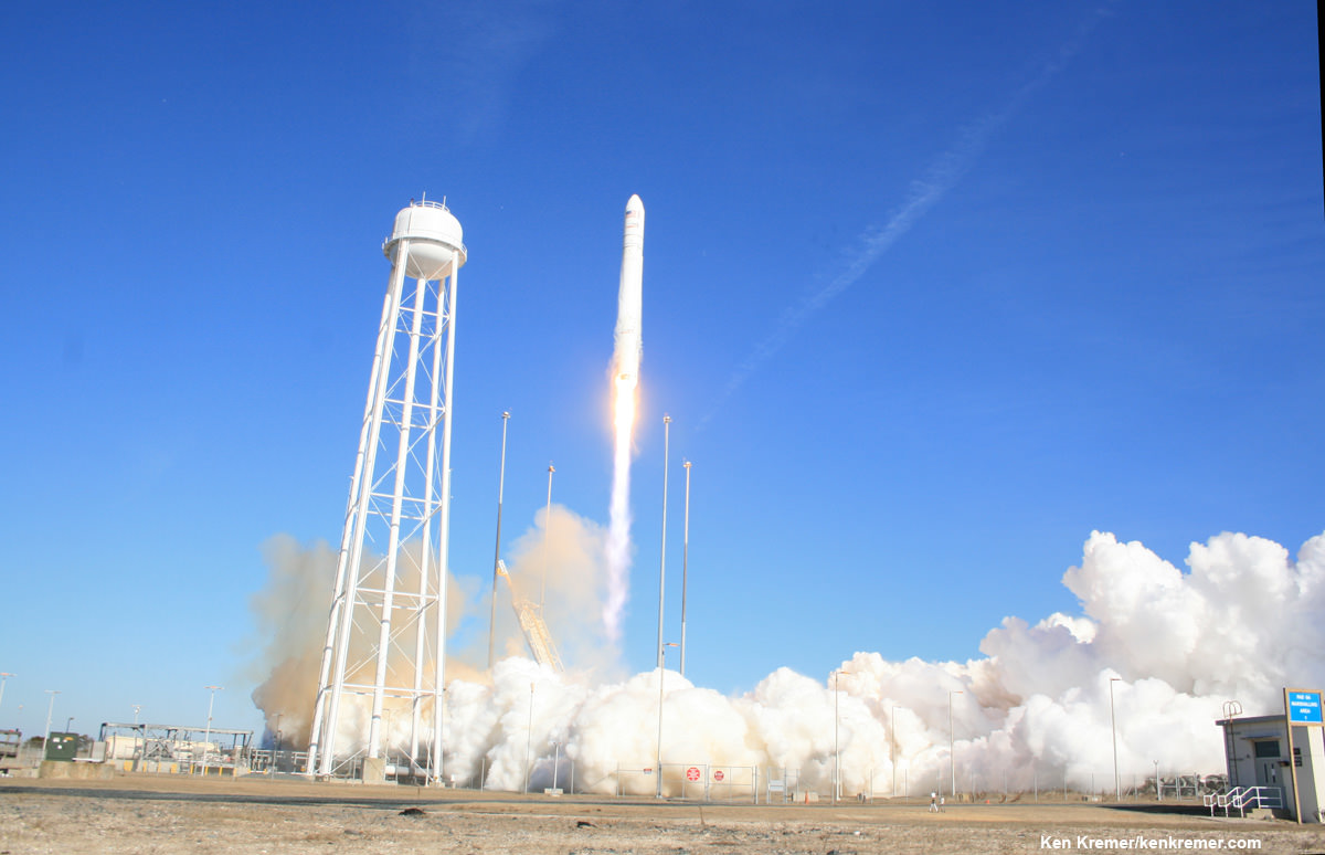 Antares soars to space on Jan. 9, 2014 from NASA Wallops on Virginia coast on the Orb-1 mission to the ISS.  Photo taken by remote camera at launch pad. Credit: Ken Kremer - kenkremer.com