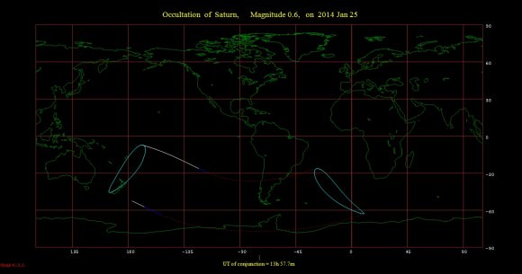The footprint for the January 25th occultation of Saturn by the Moon. dashed lines indicate where the events occurs in the daytime sky. (Created using Occult 4.0.11 software)