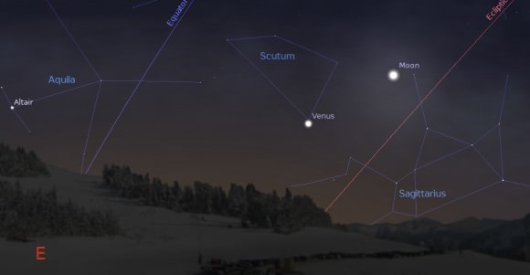 The waning crescent Moon approaches Venus on the morning of January 28th, 2014. Created using Stellarium.