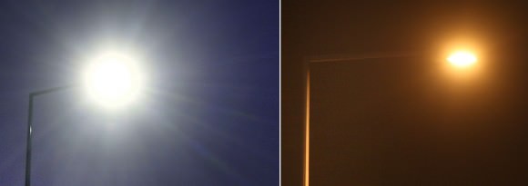 Comparison of  lighting colors and intensity of the new LED streetlights (left) and the older high-pressure sodium vapor lamps.