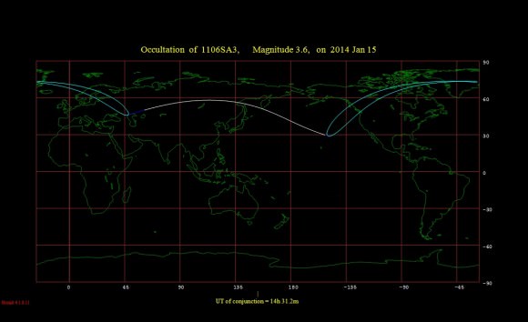 The occultation footprint for Lambda Geminorum for January 15th. (Created using Occult 4.01 software)