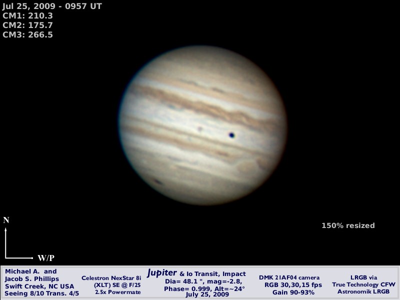 Jupiter as imaged by Michael Phillips on July 25th, 2009... note the impact scar discovered by Anthony Wesley to the lower left.