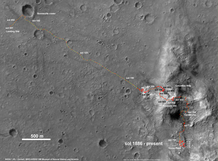Spirit Rover traverse map from Gusev Crater landing site to Home Plate: 2004 to 2011