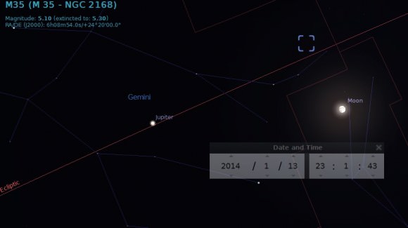 The position of the Moon Monday night on January 13th in Orion. Credit: Stellarium