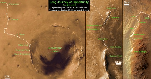 Traverse Map for NASA’s Opportunity rover from 2004 to 2014.  This map shows the entire path the rover has driven during a decade on Mars and over 3540 Sols, or Martian days, since landing inside Eagle Crater on Jan 24, 2004 to current location by f Solander Point summit at the western rim of Endeavour Crater.  Rover will spnd 6th winter here atop Solander.  Opportunity discovered clay minerals at Esperance - indicative of a habitable zone.  Credit: NASA/JPL/Cornell/ASU/Marco Di Lorenzo/Ken Kremer