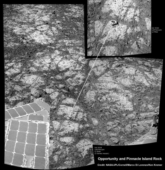 Mosaic of Opportunity and mysterious Pinnacle Island rock by Solander Point peak.  Mysterious Pinnacle Island rock suddenly appeared out of nowhere in images snapped on Sol 3540.  It was absent in earlier images on Sol 3528.  This mosaic shows the rock nearby the solar panels of NASA’s Opportunity rover.  Assembled from Sol 3528 and 3540 pancam raw images.  Credit: NASA/JPL/Cornell/Marco Di Lorenzo/Ken Kremer-kenkremer.com