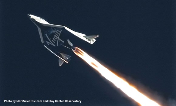 Feathered Flight during Virgin Galactic's SpaceShipTwo's third powered flight on January 10,  2014 over the Mojave desert. This image was taken by MARS Scientific as part of the Mobile Aerospace Reconnaissance System optical tracking system. 