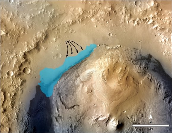 This illustration depicts a concept for the possible extent of an ancient lake inside Gale Crater. The existence of a lake there billions of years ago was confirmed by Curiosity from examination of mudstone in the crater's Yellowknife Bay area.  Credit: NASA/JPL-Caltech/MSSS