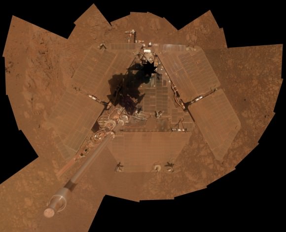 NASA's Opportunity Mars rover recorded the component images for this self-portrait near the peak of Solander Point and about three weeks before completing a decade of work on Mars. The rover's panoramic camera (Pancam) took the images during the interval Jan. 3, 2014, to Jan. 6, 2014.  Credit: NASA/JPL-Caltech/Cornell/Arizona State University