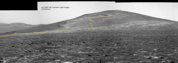 Back on sol 3365 we took this image of Solander Point as we approached it. Here I have plotted the subsequent route that Opportunity has taken in climbing up the ridge. The outcrop shown I the images below are near the end of the yellow traverse line.  Caption and mosaic by Larry Crumpler/NASA/JPL/