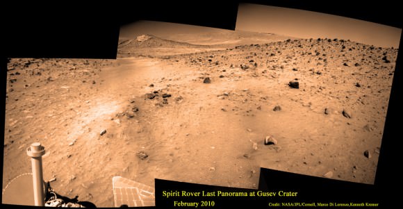 Last View from Spirit rover on Mars.  Spirit’s last panorama from Gusev Crater was taken during February 2010 before her death from extremely low temperatures during her 4th Martian winter.  Spirit was just 500 feet from her next science target - dubbed Von Braun – at center, with Columbia Hills as backdrop.  Mosaic Credit: Marco Di Lorenzo/ Kenneth Kremer/ NASA/JPL/Cornell University.  Mosaic featured on Astronomy Picture of the Day (APOD) on 30 May 2011 - http://apod.nasa.gov/apod/ap110530.html