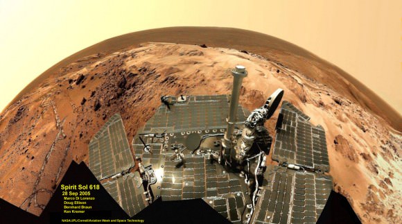 Spirit Mars rover - view from Husband Hill summit. Spirit snapped this unique self portrait view from the summit of Husband Hill inside Gusev crater on Sol 618 on 28 September 2005.  The rovers were never designed or intended to climb mountains. It took more than 1 year for Spirit to scale the Martian mountain.  This image was created from numerous raw images by an international team of astronomy enthusiasts and appeared on the cover of the 14 November 2005 issue of Aviation Week & Space Technology magazine and the April 2006 issue of Spaceflight magazine.  Also selected by Astronomy Picture of the Day (APOD) on 28 November 2005. Credit: NASA/JPL/Cornell/ Marco Di Lorenzo/Doug Ellison/Bernhard Braun/Ken Kremer