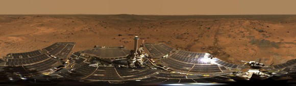Summit Panorama with Rover Deck  The panoramic camera on Spirit took the hundreds of images combined into this 360-degree view, the "Husband Hill Summit" panorama. The images were acquired on Spirit's sols 583 to 586 (Aug. 24 to 27, 2005), shortly after the rover reached the crest of "Husband Hill" inside Mars' Gusev Crater. The panoramic camera shot 653 separate images in 6 different filters, encompassing the rover's deck and the full 360 degrees of surface rocks and soils visible to the camera from this position. This was the first time the camera has been used to image the entire rover deck and visible surface from the same position. Credit: NASA/JPL-Caltech/Cornell