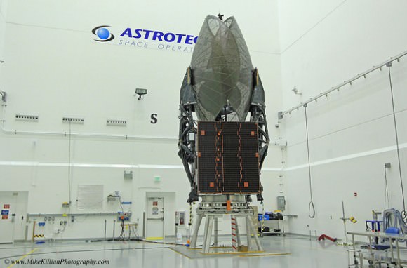 Pictured in Astrotech’s payload processing facility on 3 January 2014, TDRS-L resembles an enormous insect and will form the 12th member of NASA’s Tracking and Data Relay Satellite family. Photo Credit: Mike Killian Photography/AmericaSpace