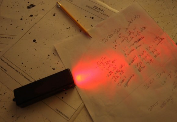 On very cold nights it's a good idea to make a concise observing plan to efficiently use your time at the telescope. I grab a few charts and often take brief notes outside using a red flashlight. Credit: Bob King