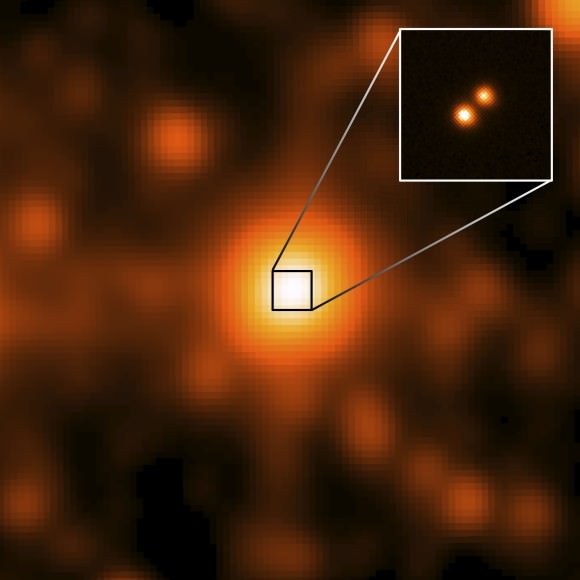 WISE J104915.57-531906 as seen in NASA’s All-WISE survey (centered) and resolved to show its binary nature by the Gemini Observatory (inset). (Credit: NASA/JPL/Gemini Observatory/AURA/NSF).