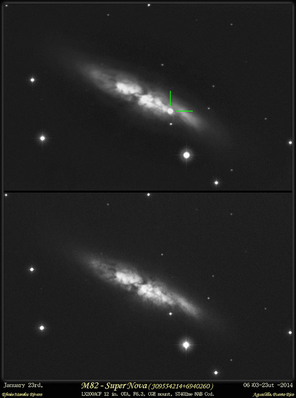 Supernova in M82 The Cigar Galaxy on January 23rd 06:23 UTC, comparing to an image taken in April 2013. Credit and copyright: Efrain Morales/Jaicoa Observatory. 