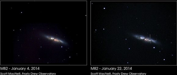 Comparison images of M82 on January 4 and January 23, 2014. Credit and copyright: Scott MacNeill, Frosty Drew Observatory. 